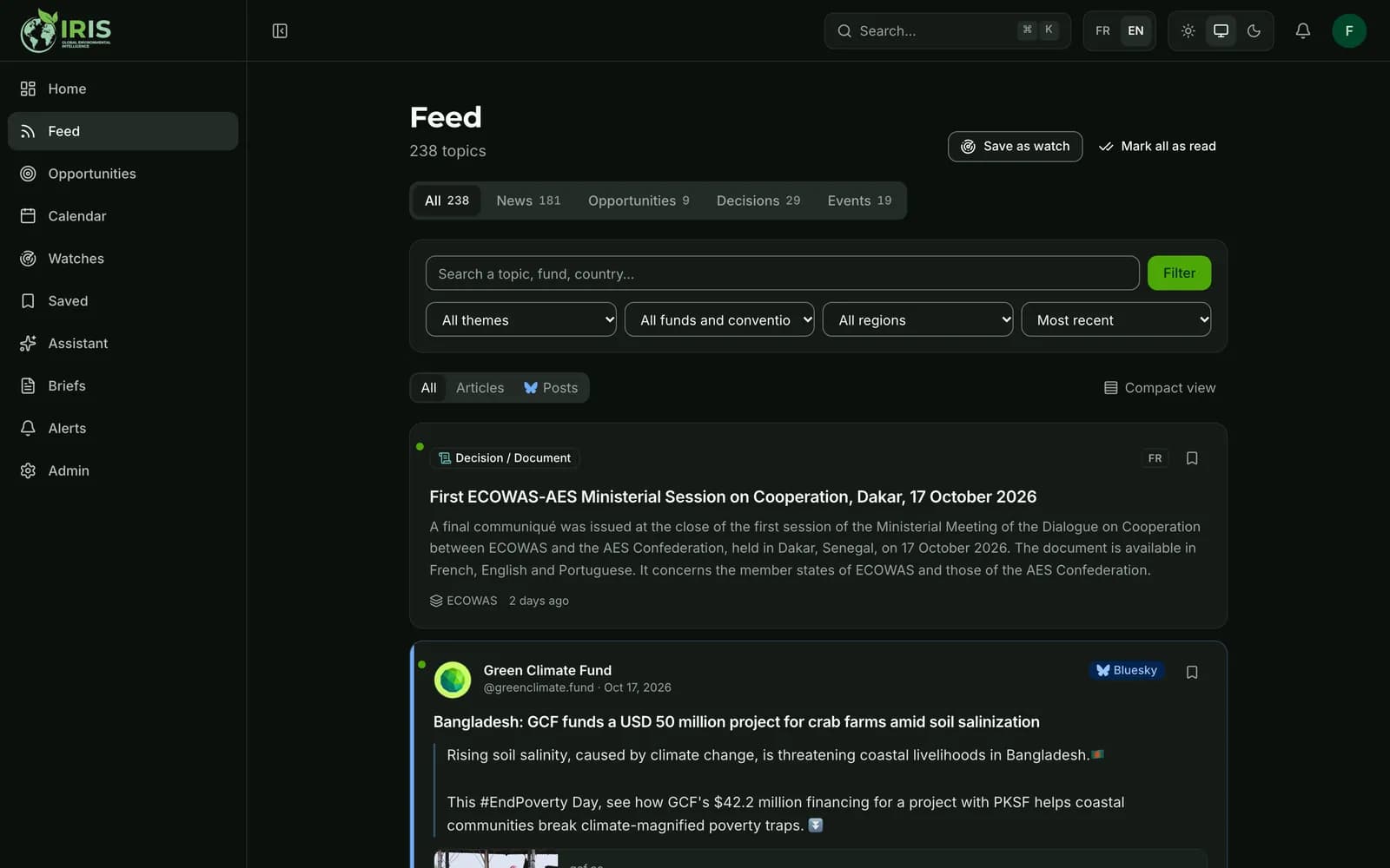 IRIS news feed: summarized topics, organized by type, fund and theme