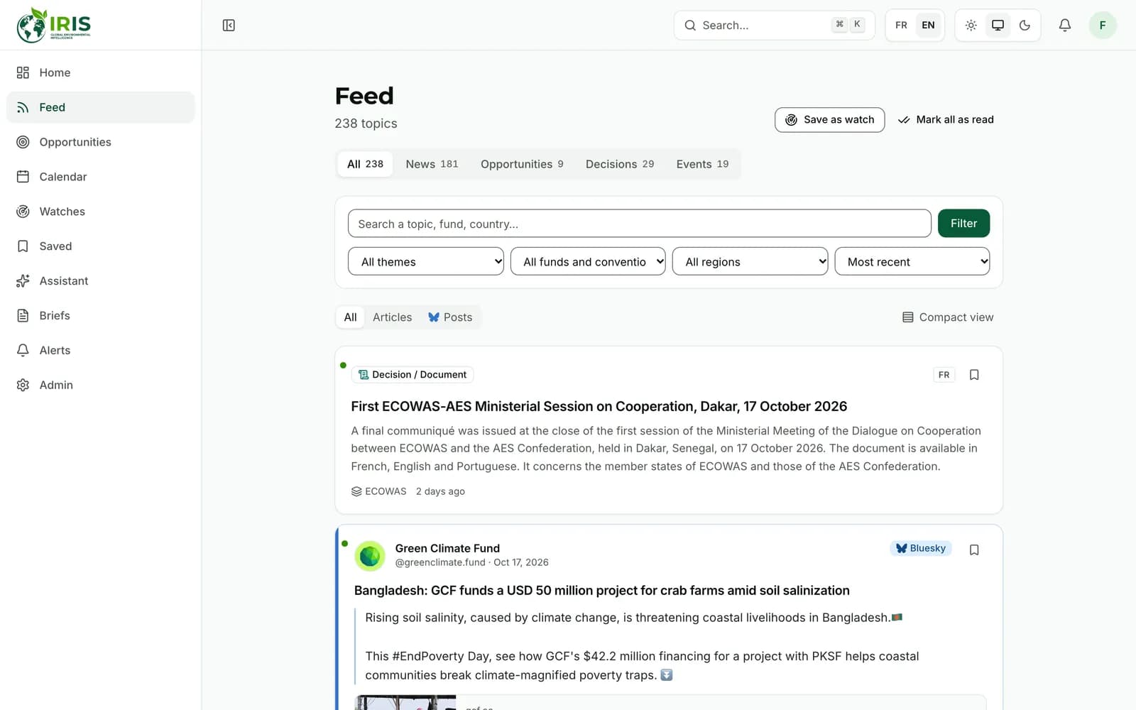 IRIS news feed: summarized topics, organized by type, fund and theme